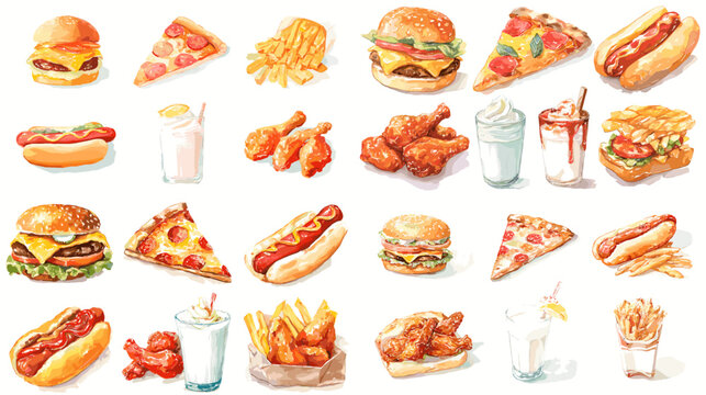 Watercolor fast-food collection: burgers, pizza, fries, hotdogs, chicken, waffles, and shakes. Tasty isolated clipart set for menus, delivery ads, street-food branding, and casual dining.