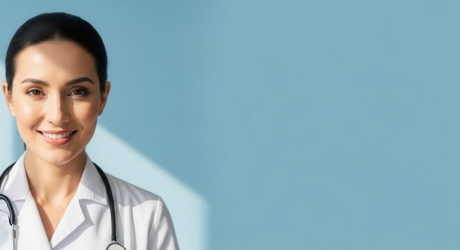 A confident female doctor wearing a white coat and stethoscope, smiling against a light blue background. Ideal for healthcare and medical themes.