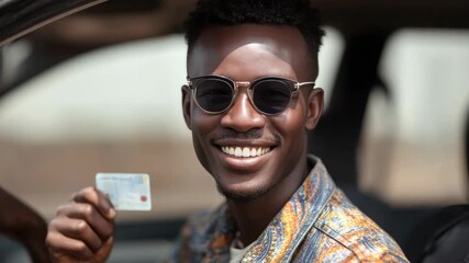 A happy man in a car holding his license, possibly indicating he just passed the driving test.