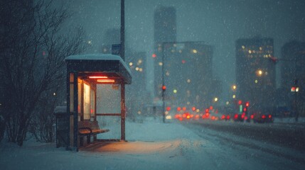 Snowy bus stop in the city at night with illuminated shelter and blurred lights of cars in the background