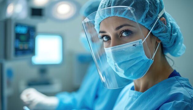 Female medical worker wears protective face shield hairnet and surgical mask. Focused nurse in blue scrubs looks at camera in hospital. Modern healthcare concept with medical equipment in background.
