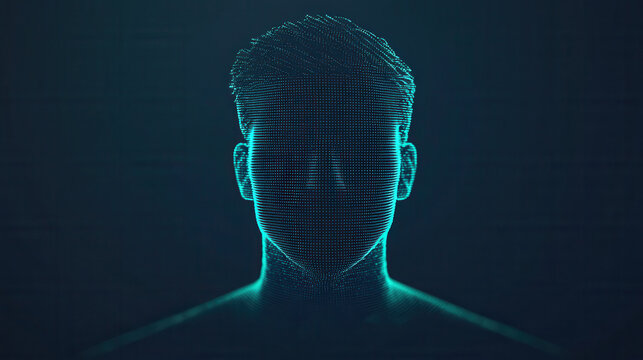Digital human face made of glowing blue dots on dark background, futuristic technology concept with abstract 3D mesh and data points