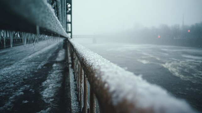 Icy bridge railing covered in snow and icicles on a cold and foggy winter day near the river