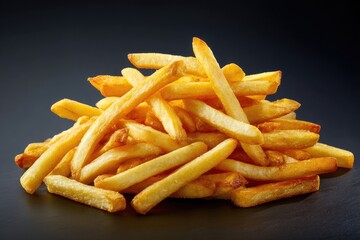 A close-up shot of a pile of golden, crispy, fried potato sticks on a dark surface