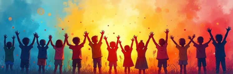 Children raise hands in celebration against a colorful sky. Group of diverse kids stand together in unity. Scene shows friendship, happiness and childhood moments.