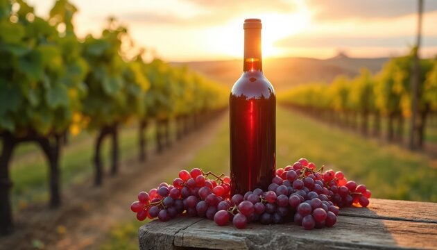 Bottle of red wine rests on wooden table with ripe grapes. Rows of grape vines stretch into sunset light. Vineyard landscape evokes rich wine harvest. - Powered by Adobe