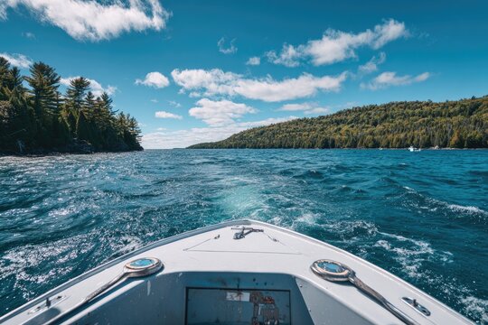 A boat's bow cleaves a wavy blue lake toward distant shores under a cloudy sky