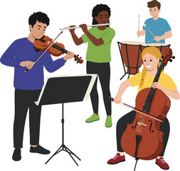 Fototapeta premium Illustration of a diverse group of musicians playing violin, cello, and drums with a music stand in a colorful and lively composition.