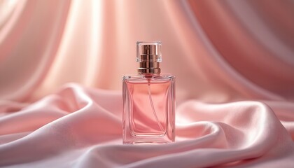 Elegant perfume bottle stands on soft pink satin fabric. Fashionable fragrance in glass packaging. Cosmetic product for beauty, skincare. Luxury scent reflects art and tender style.