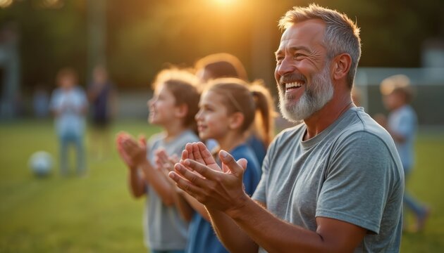 Proud father applauds kids playing sport outdoors. Family cheers during game. Man supports children watching match. Happy parent smiles during event. Father claps hands.