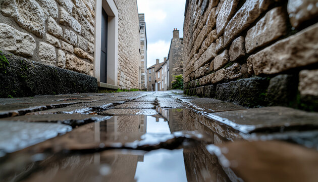 Puddle reflects stone buildings in a narrow European street after rain, creating a symmetrical view. - Powered by Adobe