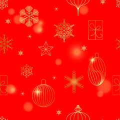 Seamless pattern with golden snowflakes, glitter, and Christmas tree baubles on a red background. Line art. Design for Christmas and New Year's holidays, cards, and greetings. Vector

