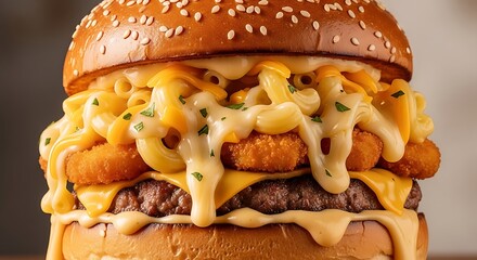 Gourmet macaroni and cheese burger with crispy onion rings