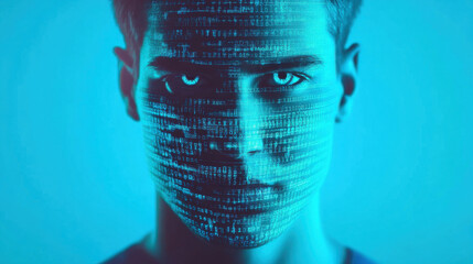 Digital face projection on young man with intense expression in blue light, symbolizing technology and data security