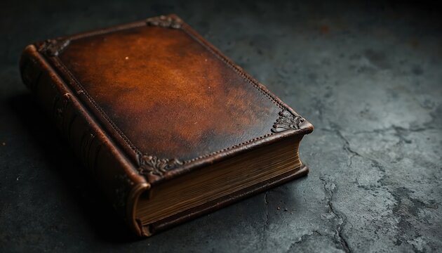 Close photo of antique book with leather cover. Vintage novel on dark surface. Old book with embossed corners. Background texture with shadows. - Powered by Adobe