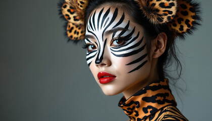 Asian woman with zebra face paint and leopard print attire wears bold red lipstick. Dramatic artistic makeup adorns her face. She has furry leopard ears. Her pose is sophisticated.