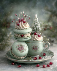 Vintage holiday dessert arrangement with mint green macarons, whipped cream, pomegranate seeds, and frosted Christmas tree in a snowy winter setting
