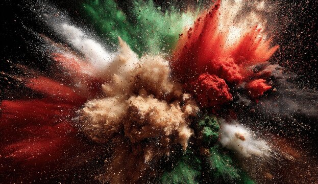 A burst of colorful powder, exploding outwards against a dark background, in a radial composition