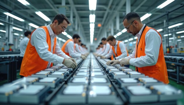 Workers in orange vests assemble electric car battery packs on production line. Meticulously place battery cells into modules using precise hand movements. Process occurs inside modern factory.