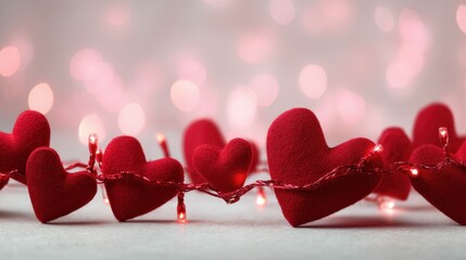 Red hearts with garland on a background with space for text, festive Valentine&rsquo;s Day scene.