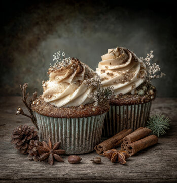 Rustic spiced Christmas cupcakes with cinnamon frosting, star anise, and natural winter accents on a weathered wooden surface
