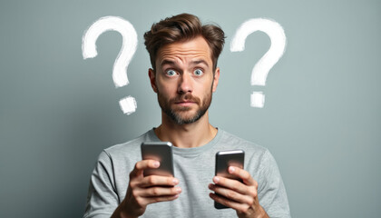 Man looks confused holding two phones. Big white question marks float above his head. He seems unsure what to do. This shows tech confusion.