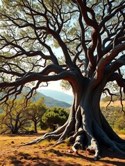 An ancient, strong tree exuding a sense of contentment and deep peace amidst a serene landscape,  tranquil,  grounding
