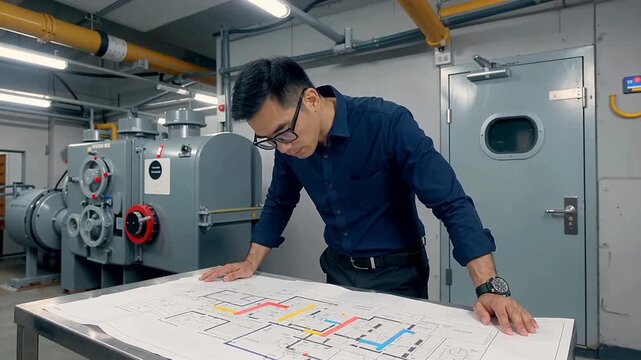 Engineer reviews complex blueprints in industrial facility.