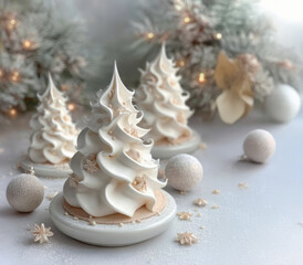 Elegant white meringue Christmas trees with delicate star decorations on a snowy table, surrounded by ornaments and frosted pine branches
