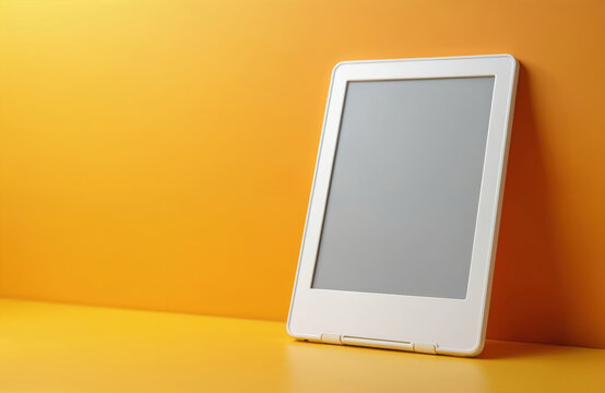 White electronic reader device rests against orange wall. Simple modern gadget for digital book library. Read anywhere on portable e-ink screen.