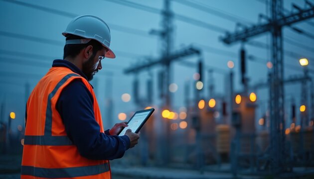 Male engineer in safety hard hat, orange reflective vest, works at electrical power substation. Man uses modern tech tablet checking complex power grid systems data. Monitors electricity supply,