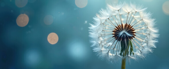 Close-up macro of a dandelion seed head with water droplets. Fluffy white seeds float against a soft blue bokeh background. Gentle light illuminates tiny clear water beads on the delicate plant.