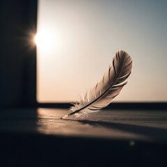 A close-up image of a delicate feather resting on a wooden surface with sunlight streaming in from the background, creating a warm and peaceful atmosphere