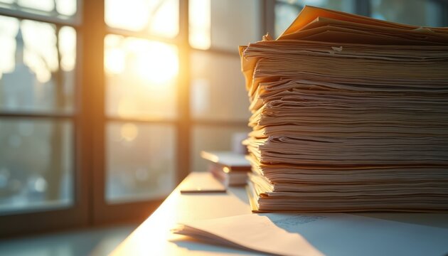 Stack of documents sits on desk near window in sunlight. Papers symbolize work overload or audit. Folders represent admin paperwork or archive files in modern office.