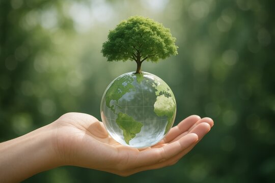 Eco-friendly concept of global sustainability with a tree growing on a glass Earth held in a hand on a blurred green nature background.. Ai generative