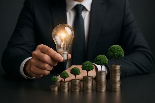 Businessman holding glowing lightbulb next to stacked coins with green trees symbolizing eco-friendly financial growth and sustainable energy concept. Ai generative