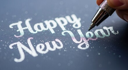 Hand writing Happy New Year with sparkle effects on dark background