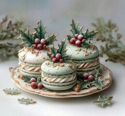 Elegant Christmas macarons decorated with holly leaves and berries on vintage plate, festive pastel colors with gold detailing
