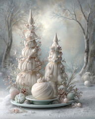 Delicate meringue Christmas trees and swirled dessert in a snowy pastel forest scene with frosted ornaments and ethereal winter ambiance
