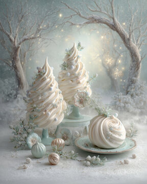 Elegant winter meringue desserts shaped like Christmas trees in a snowy forest setting with twinkling lights and pastel accents
