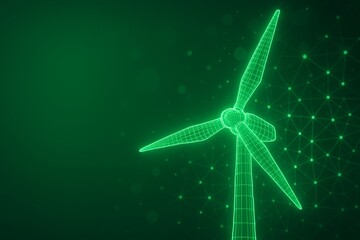 Digital green wind turbine structure representing eco-friendly energy concept on futuristic network background, symbolizing sustainable environment. Ai generative