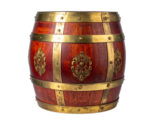 Vintage-Inspired Gold and Red Ornamental Barrel with Textured Surface, Floating Display, Isolated