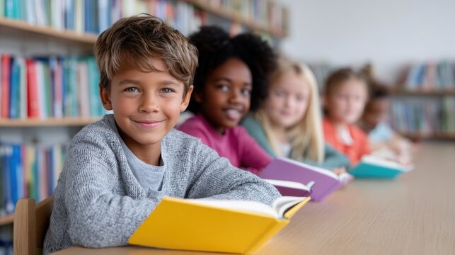A group of children engaged in reading books at a library. The atmosphere is focused and educational, showcasing a love for learning.