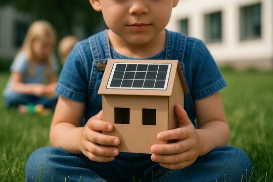 Child holding eco-friendly cardboard house with solar panel roof symbolizing green energy and environmental sustainability on grassy background. Ai generative - Powered by Adobe