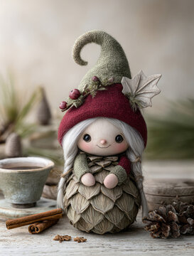 Adorable woodland gnome doll with pinecone dress and festive hat, surrounded by pinecones, cinnamon sticks, and a rustic cup of hot chocolate
