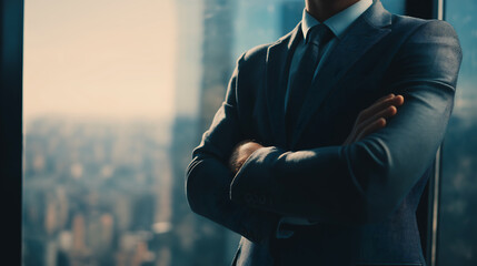 Businessman ceo corporate leader standing by window in suit and tie