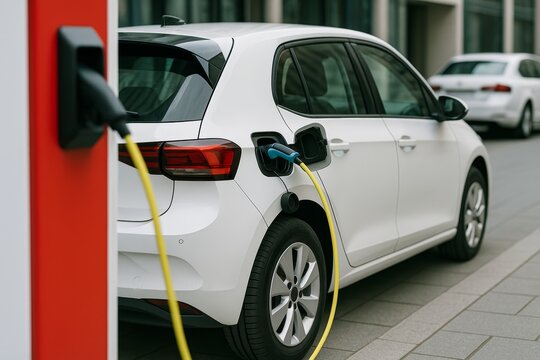 White electric car charging at a public station with yellow cable symbolizing eco transportation and clean green energy concept in urban environment. Ai generative