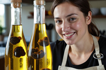 Happy female shopkeeper or small business owner, smiling in her artisan shop, presenting bottles of gourmet-infused olive oil with chili and herbs