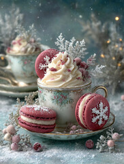 Elegant winter teacup with whipped cream and red macarons decorated with snowflakes, surrounded by frosted branches and festive holiday decor
