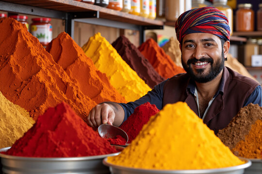 Happy Indian spice merchant in a turban, smiling at the camera while selling vibrant, colorful ground spices from mounds at an exotic bazaar. This represents travel, culture, and culinary ingredients